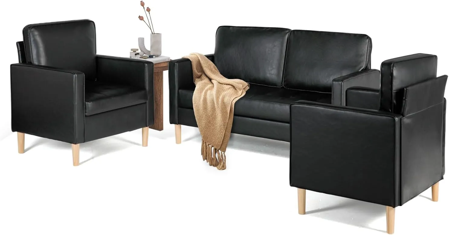 AILEEKISS Mid-Century Sectional Sofa Set Faux Leather Office 3 Pcs Couch Set with Armrest Modern Upholstered Loveseat Couches (1-Seater 1-Seater 2-Seater, Black)