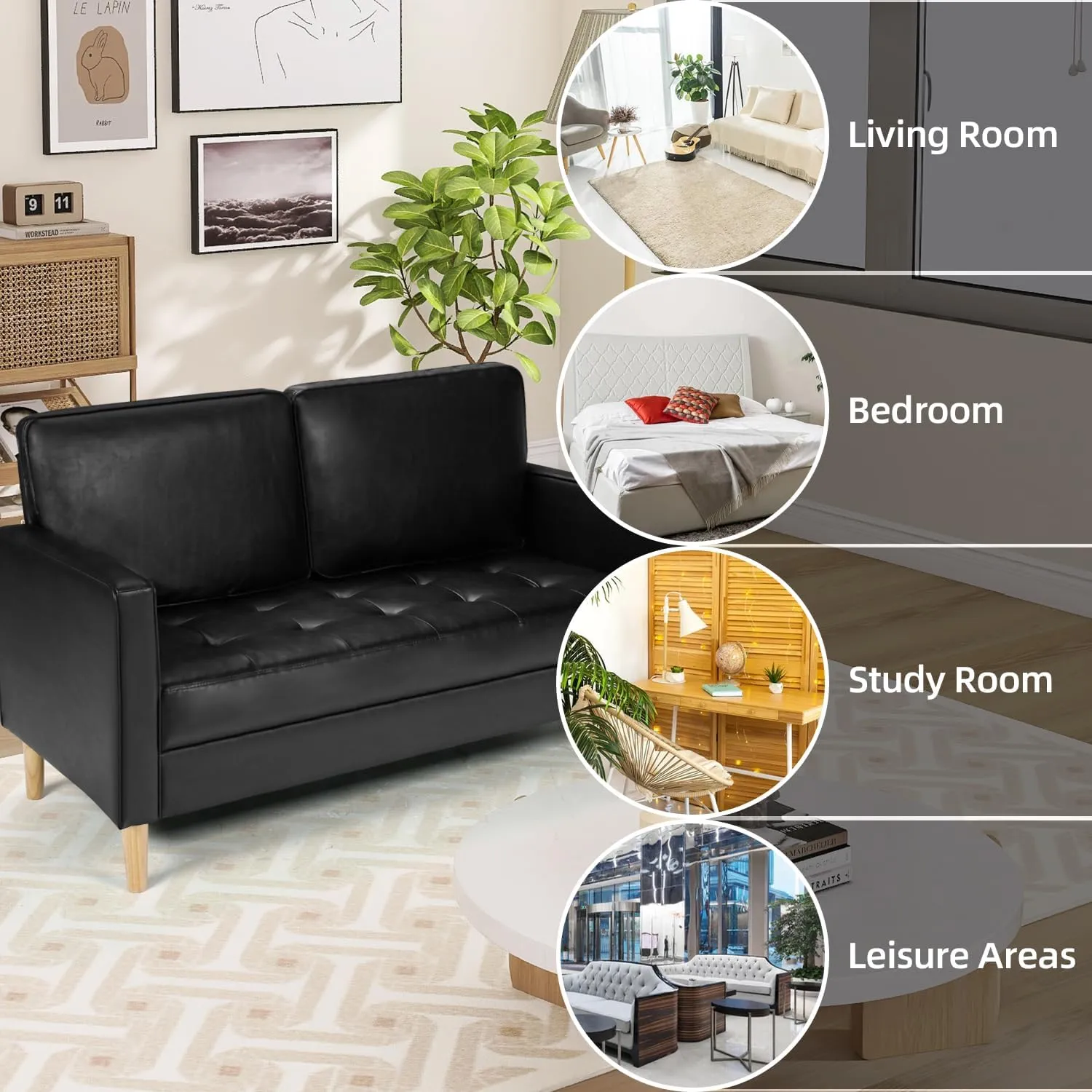 AILEEKISS Mid-Century Sectional Sofa Set Faux Leather Office 3 Pcs Couch Set with Armrest Modern Upholstered Loveseat Couches (1-Seater 1-Seater 2-Seater, Black)