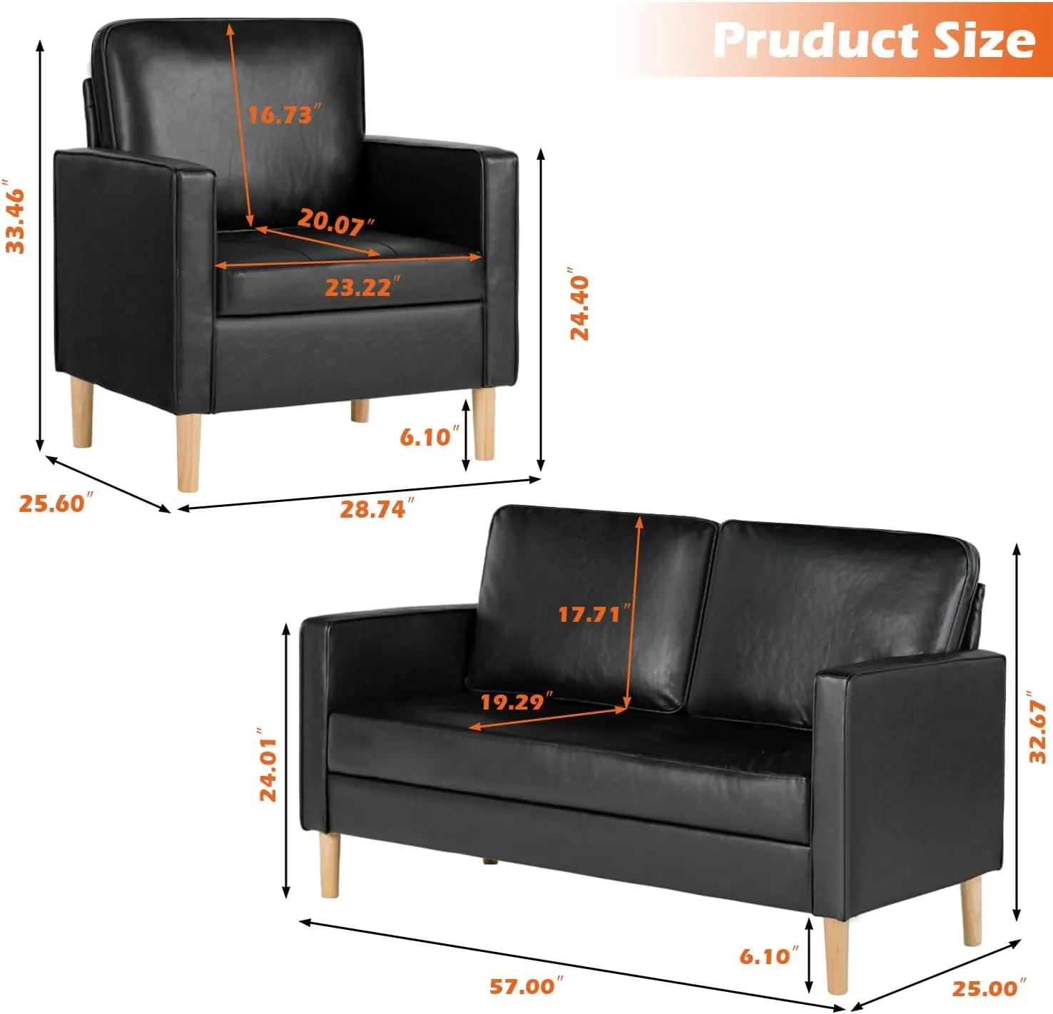 AILEEKISS Mid-Century Sectional Sofa Set Faux Leather Office 3 Pcs Couch Set with Armrest Modern Upholstered Loveseat Couches (1-Seater 1-Seater 2-Seater, Black)