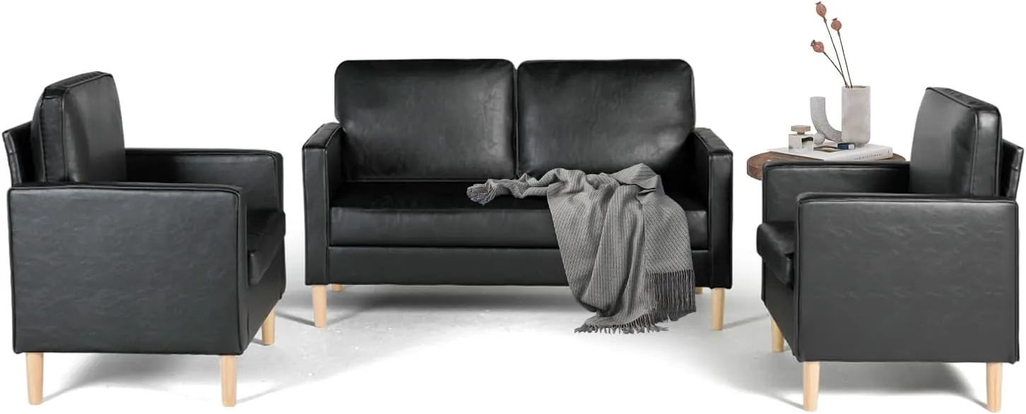 AILEEKISS Mid-Century Sectional Sofa Set Faux Leather Office 3 Pcs Couch Set with Armrest Modern Upholstered Loveseat Couches (1-Seater 1-Seater 2-Seater, Black)