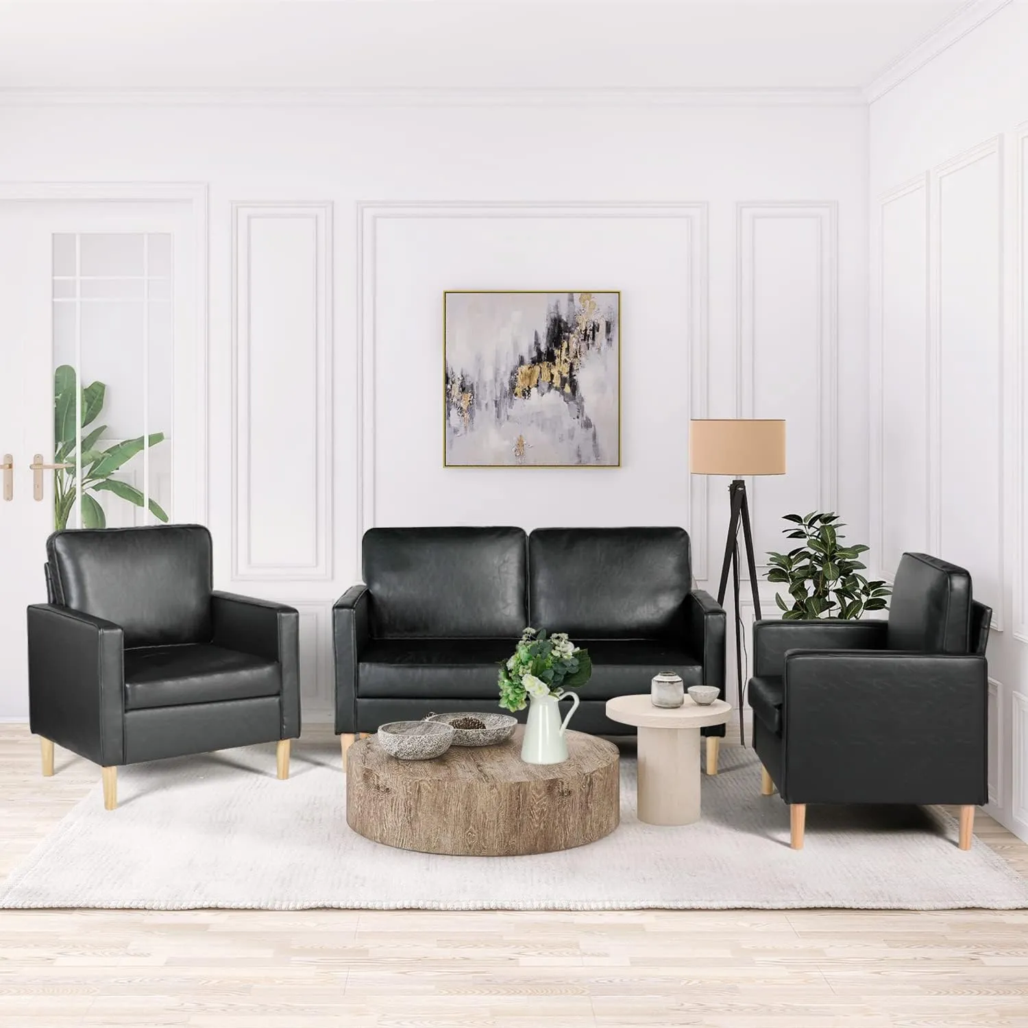 AILEEKISS Mid-Century Sectional Sofa Set Faux Leather Office 3 Pcs Couch Set with Armrest Modern Upholstered Loveseat Couches (1-Seater 1-Seater 2-Seater, Black)