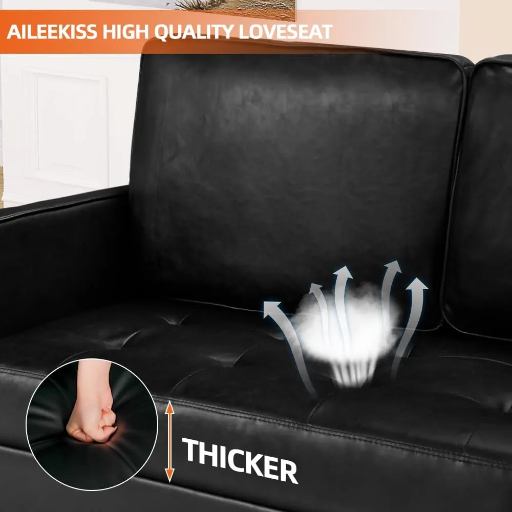 AILEEKISS Mid-Century Sectional Sofa Set Faux Leather Office 3 Pcs Couch Set with Armrest Modern Upholstered Loveseat Couches (1-Seater 1-Seater 2-Seater, Black)