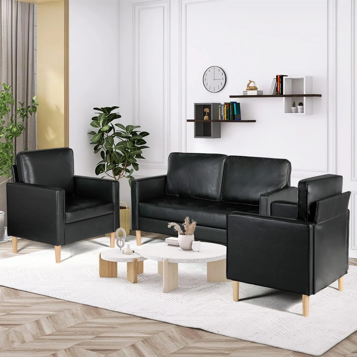 AILEEKISS Mid-Century Sectional Sofa Set Faux Leather Office 3 Pcs Couch Set with Armrest Modern Upholstered Loveseat Couches (1-Seater 1-Seater 2-Seater, Black)
