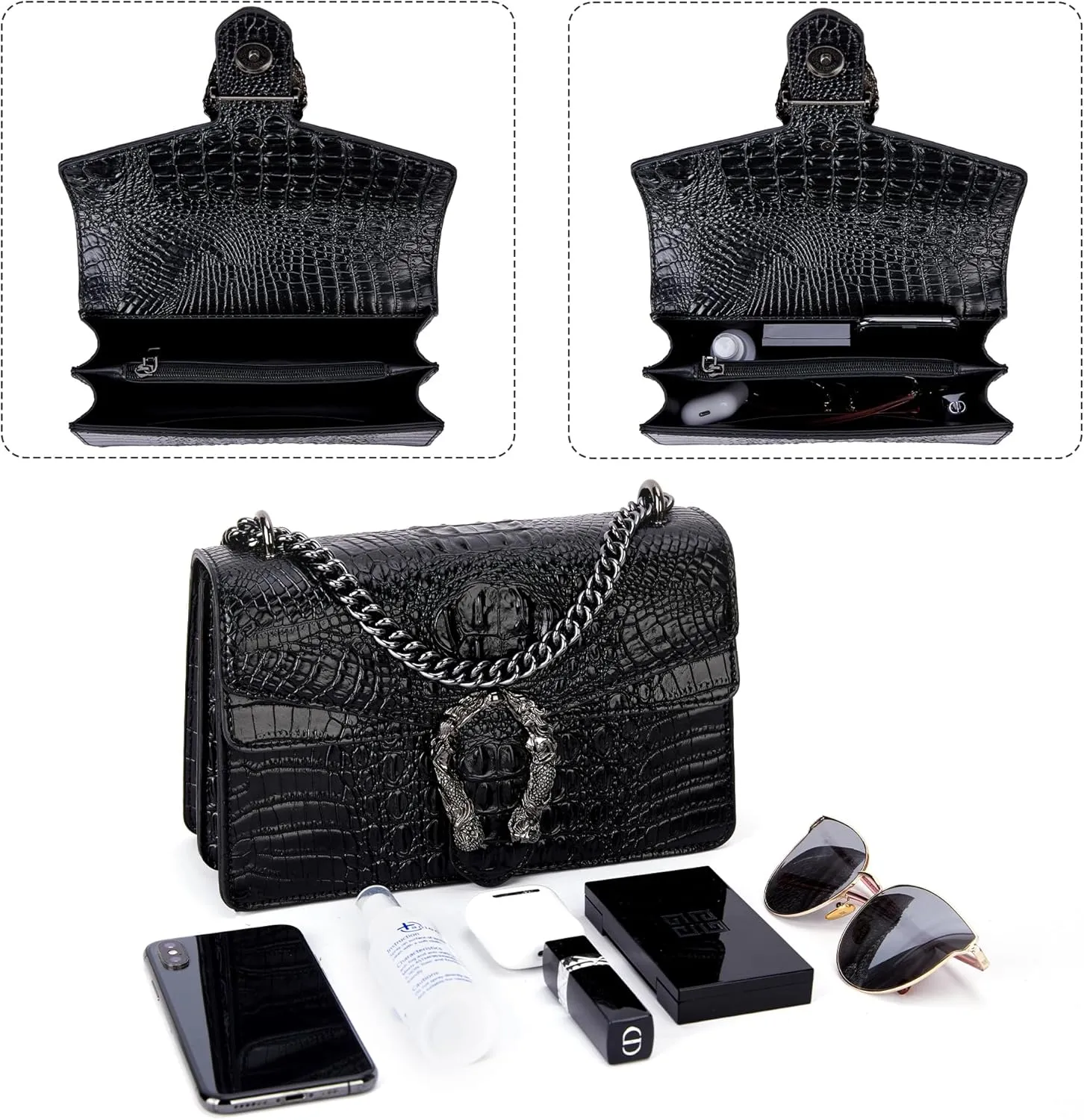 Aiqudou Crossbody Bag and Satchel Purse for Women - Fashion Snake Print Chain Purse Luxury PU Leather HandBag