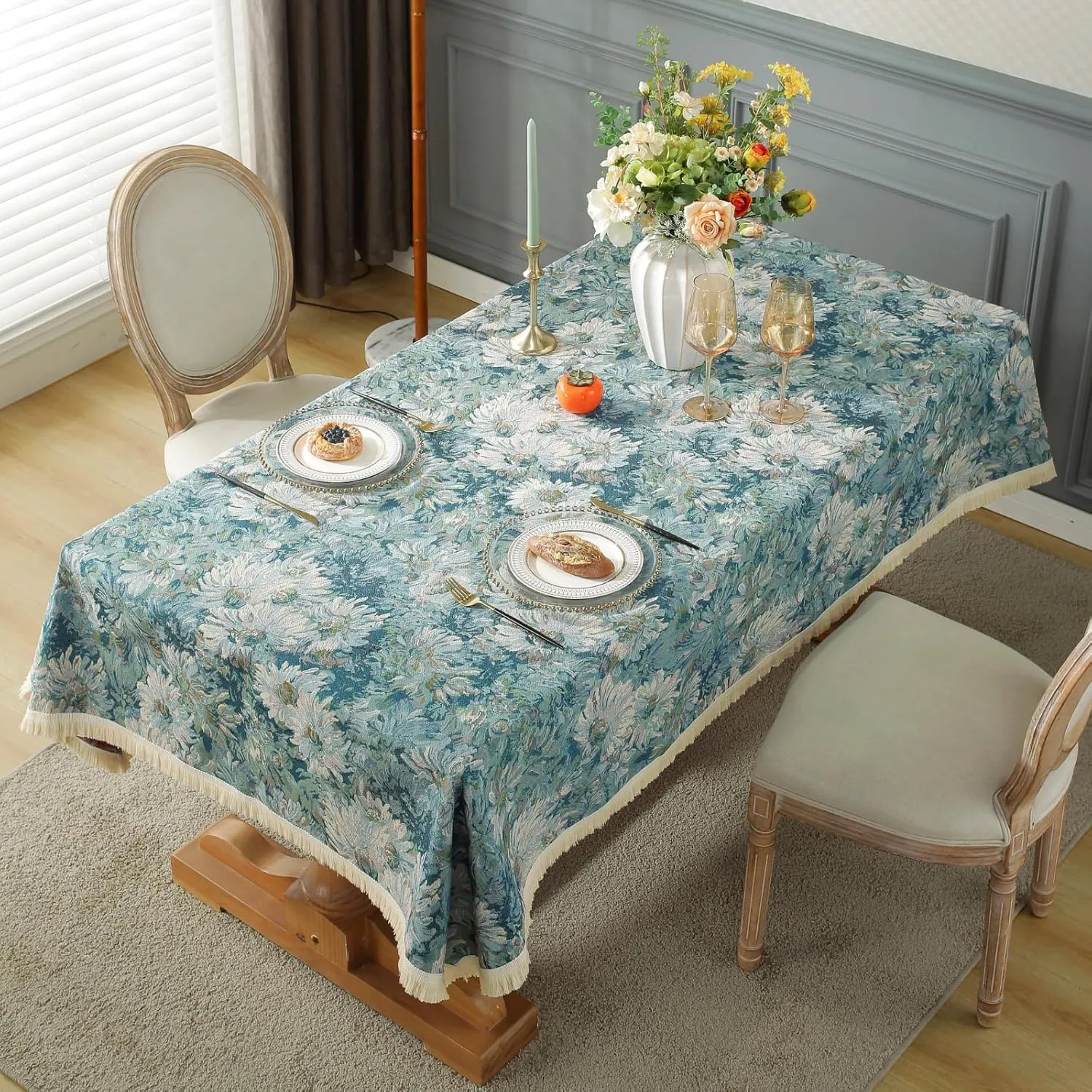 AIRCOWRIE Cotton Linen Tablecloth for Rectangle Tables, Heavy Duty Wrinkle Free Scratch Resistant Washable Cloth Dining Table Cover for Kitchen and Outdoor Use(Blue Bloom, 54”×78”, Rectangle)