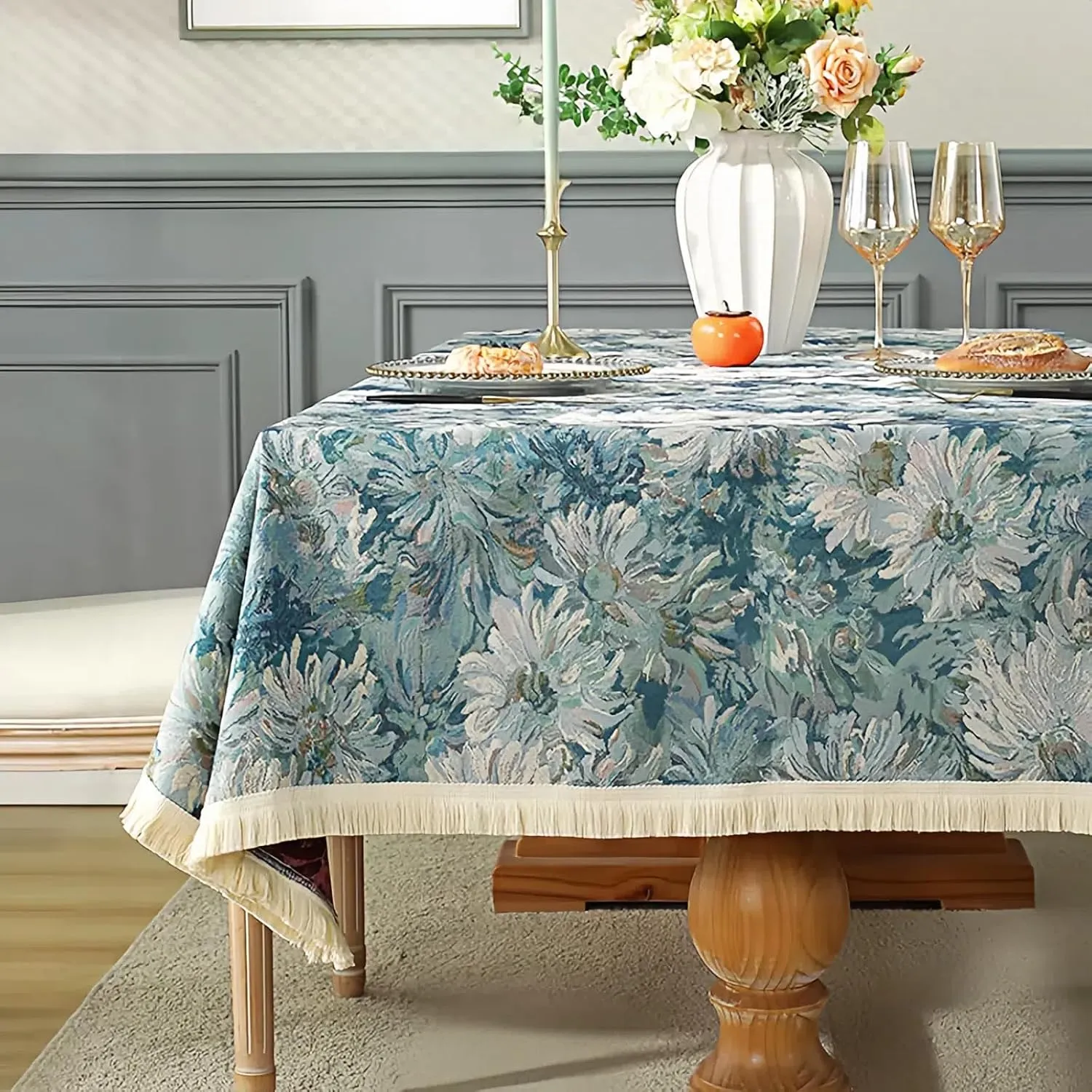 AIRCOWRIE Cotton Linen Tablecloth for Rectangle Tables, Heavy Duty Wrinkle Free Scratch Resistant Washable Cloth Dining Table Cover for Kitchen and Outdoor Use(Blue Bloom, 54”×78”, Rectangle)