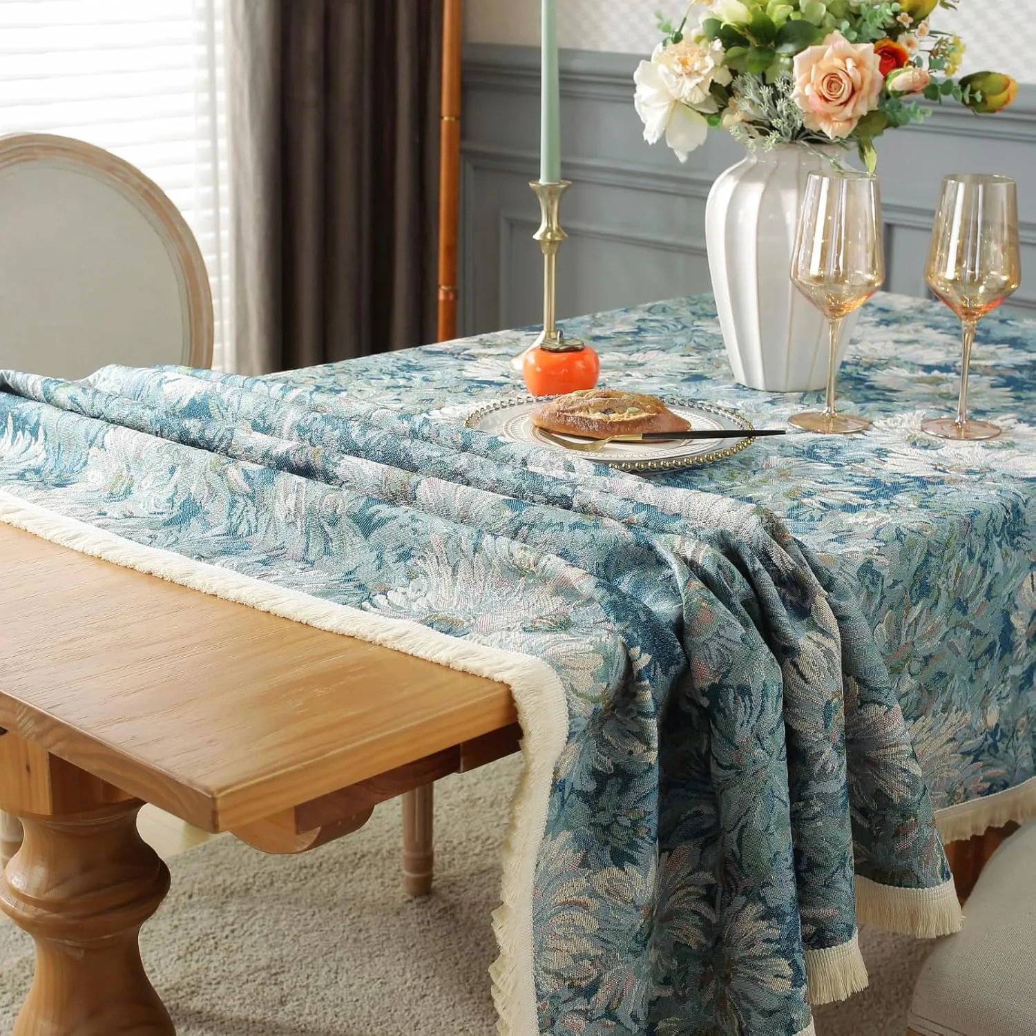AIRCOWRIE Cotton Linen Tablecloth for Rectangle Tables, Heavy Duty Wrinkle Free Scratch Resistant Washable Cloth Dining Table Cover for Kitchen and Outdoor Use(Blue Bloom, 54”×78”, Rectangle)