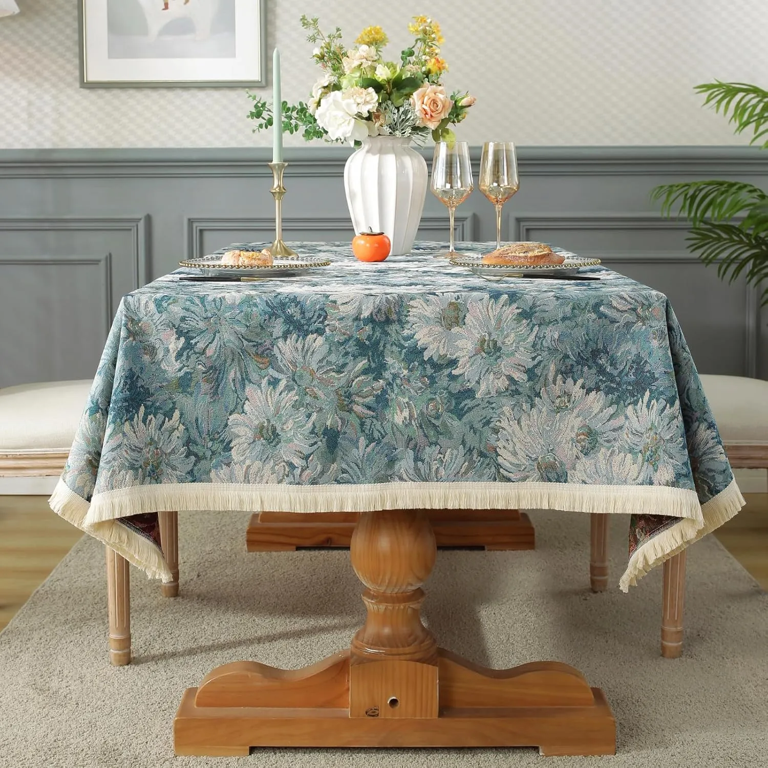 AIRCOWRIE Cotton Linen Tablecloth for Rectangle Tables, Heavy Duty Wrinkle Free Scratch Resistant Washable Cloth Dining Table Cover for Kitchen and Outdoor Use(Blue Bloom, 54”×78”, Rectangle)