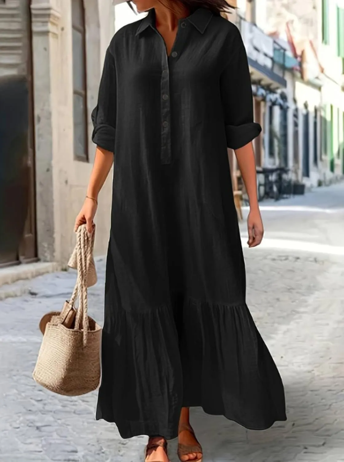 Akivide Women's Cotton Linen Dress Casual Button Down Long Sleeve Flowy Plus Size Lapel Collared Maxi Dresses Shirt Dress