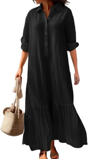 Akivide Women's Cotton Linen Dress Casual Button Down Long Sleeve Flowy Plus Size Lapel Collared Maxi Dresses Shirt Dress