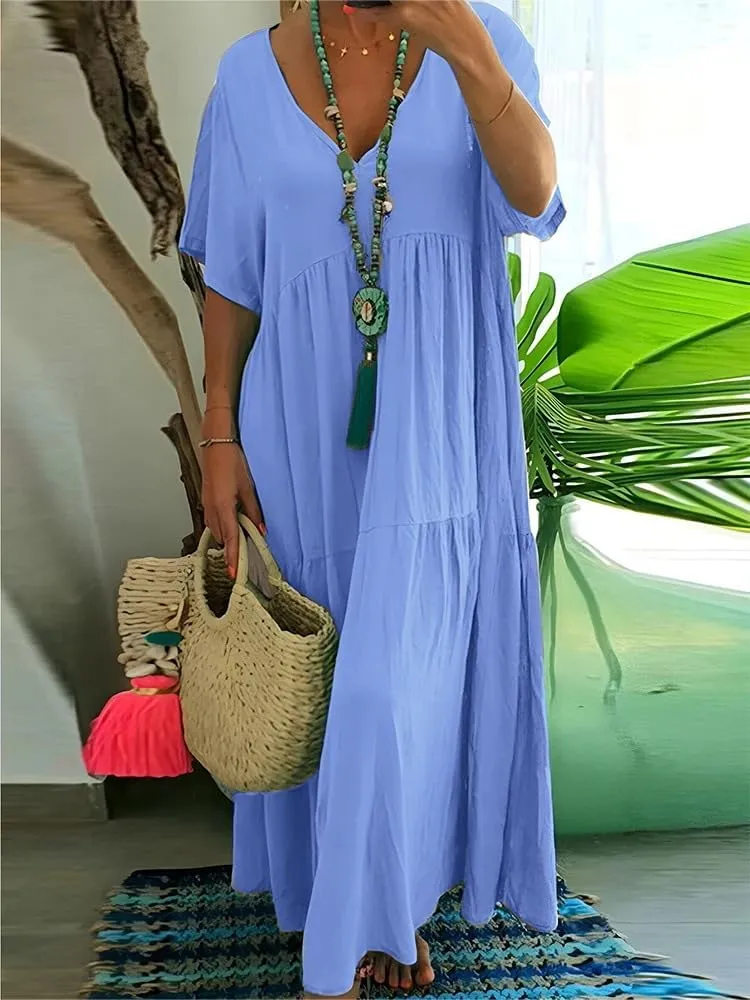 Akivide Womens Oversized Baggy Flowy Cotton Linen Maxi Dresses Summer Beach V Neck Casual Loose Floor Length Long Dress