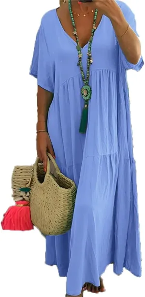 Akivide Womens Oversized Baggy Flowy Cotton Linen Maxi Dresses Summer Beach V Neck Casual Loose Floor Length Long Dress