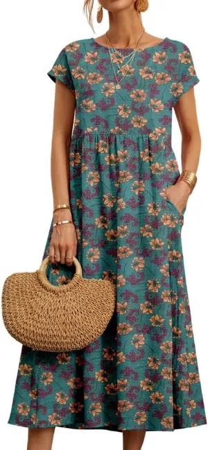 Akivide Women's Summer Cotton Linen Floral Printed Short Sleeve Dress Crew Neck Loose Casual Beach Dresses with Pockets