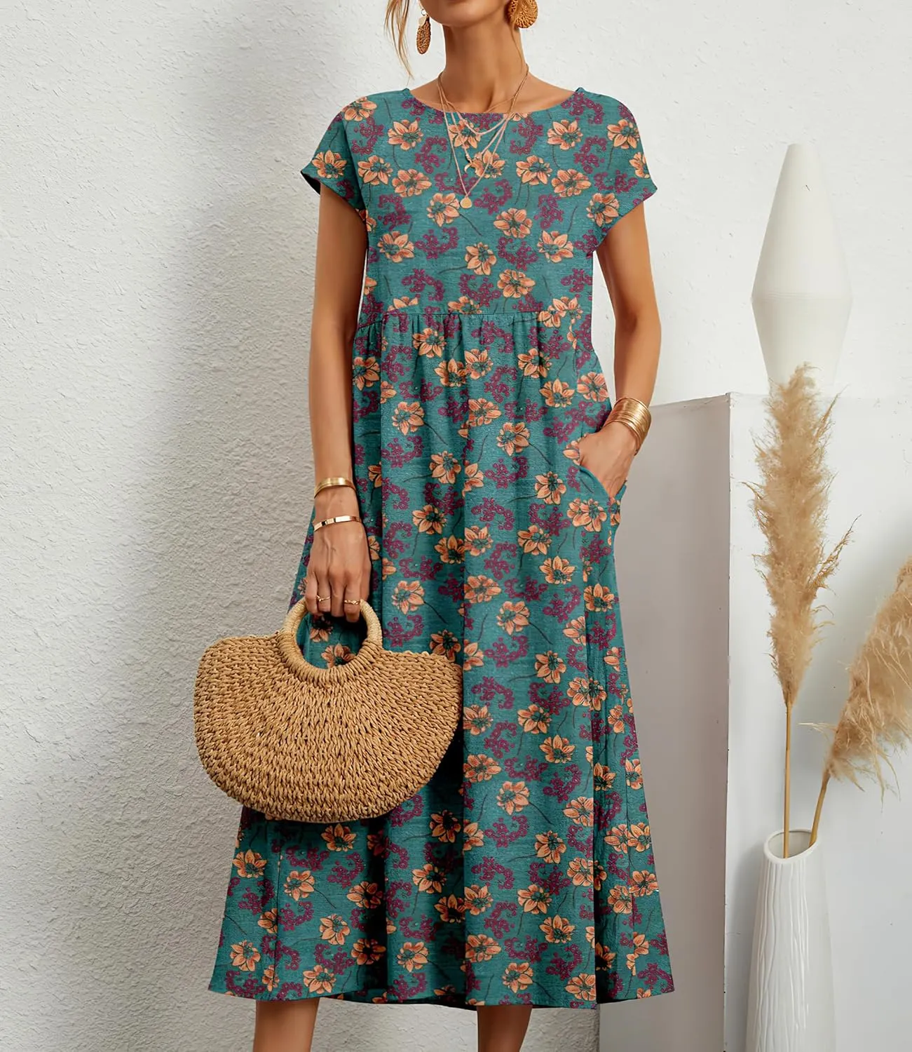 Akivide Women's Summer Cotton Linen Floral Printed Short Sleeve Dress Crew Neck Loose Casual Beach Dresses with Pockets