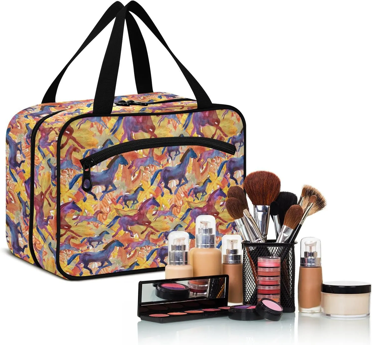 ALAZA Running Horses Toiletry Bag Travel Hanging Cosmetic Bag Portable Makeup Organizer for Women Men College Dorm Home Bathroom Business Trip