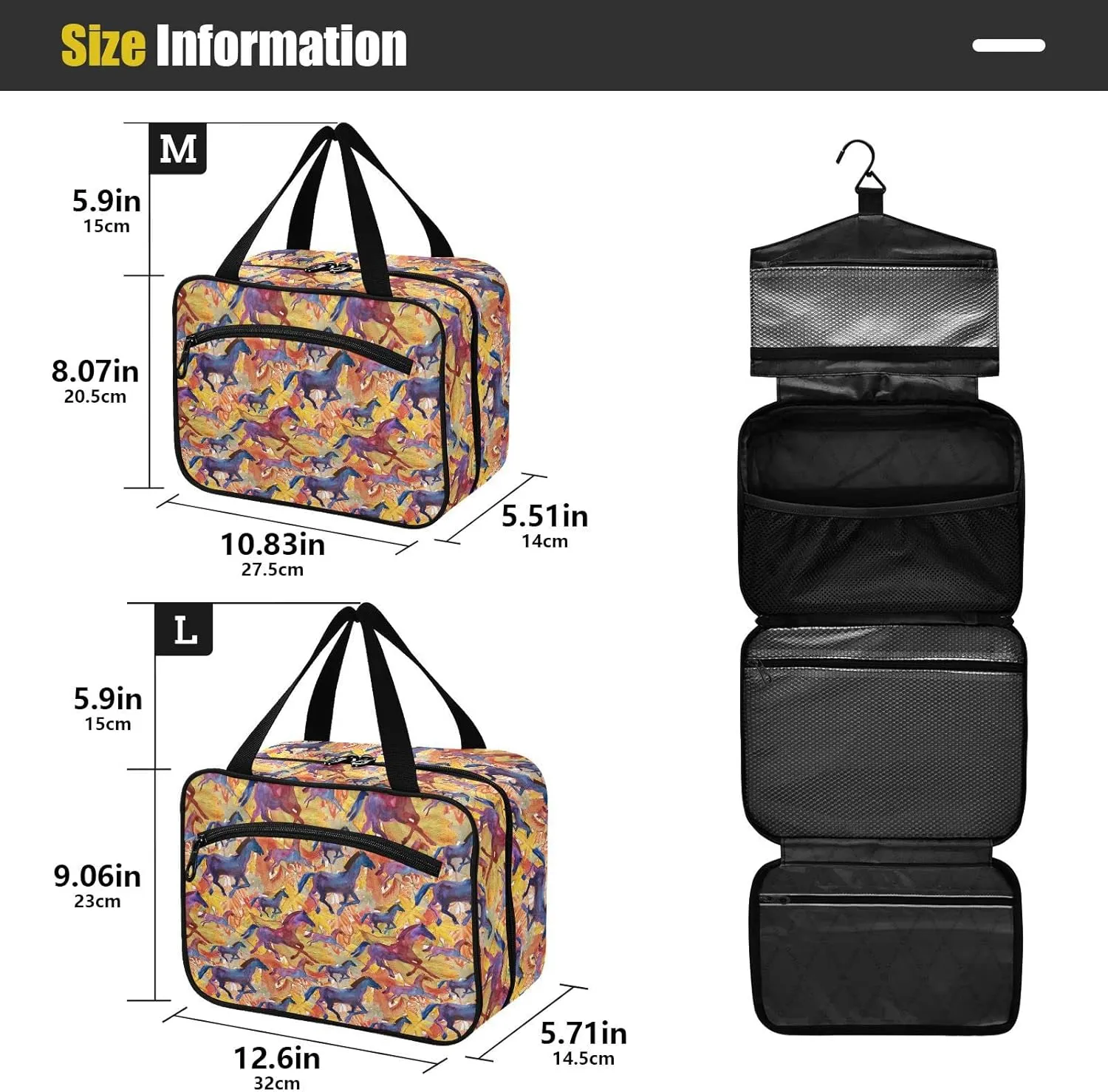 ALAZA Running Horses Toiletry Bag Travel Hanging Cosmetic Bag Portable Makeup Organizer for Women Men College Dorm Home Bathroom Business Trip