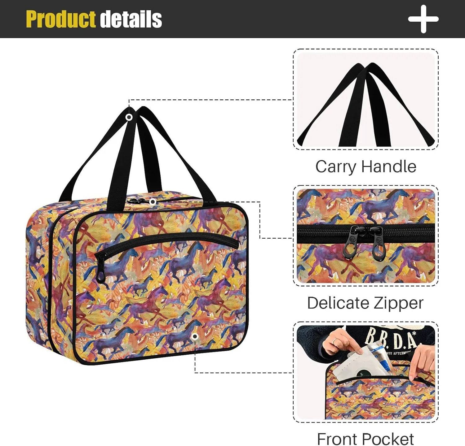 ALAZA Running Horses Toiletry Bag Travel Hanging Cosmetic Bag Portable Makeup Organizer for Women Men College Dorm Home Bathroom Business Trip