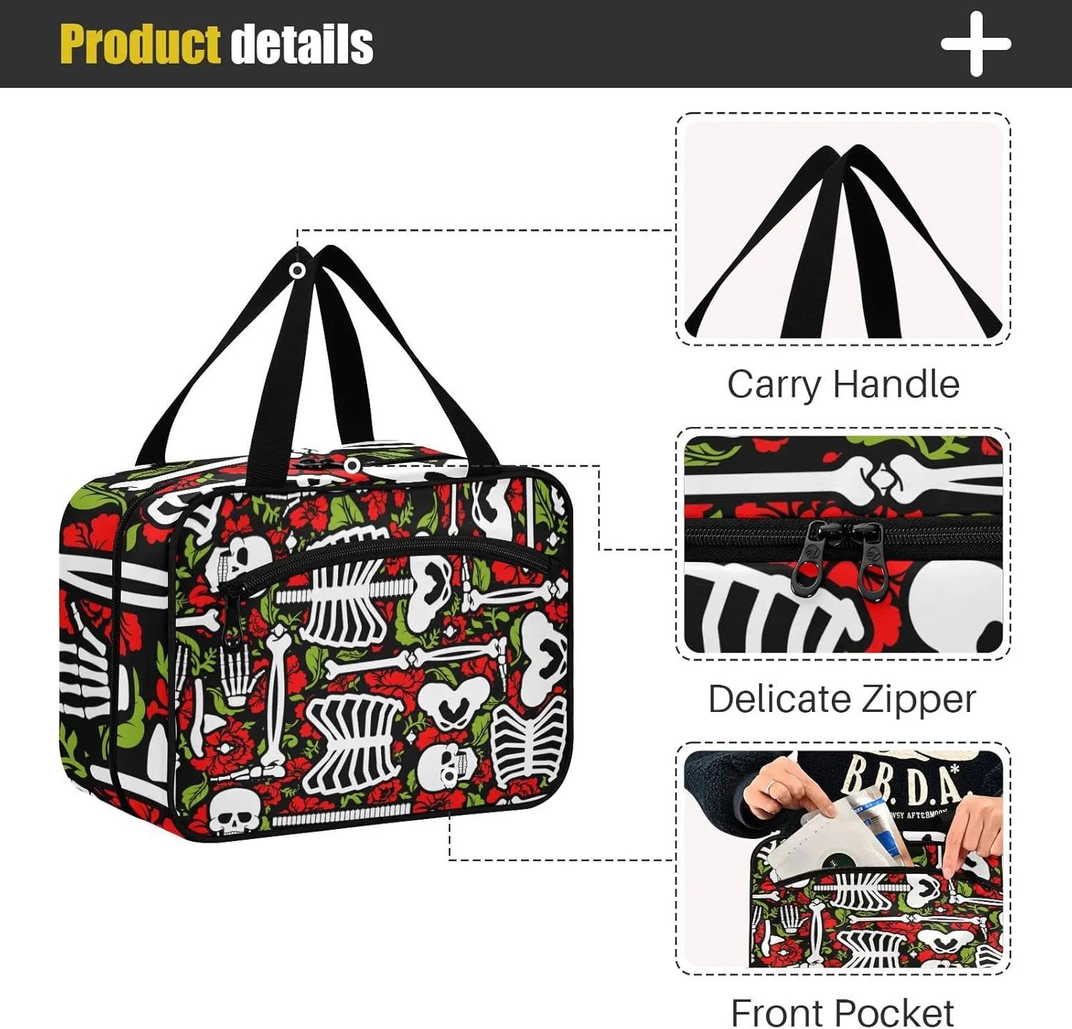 ALAZA Skeleton Skull and Roses Toiletry Bag Travel Hanging Cosmetic Bag Portable Makeup Organizer for Women Men College Dorm Home Bathroom Business Trip