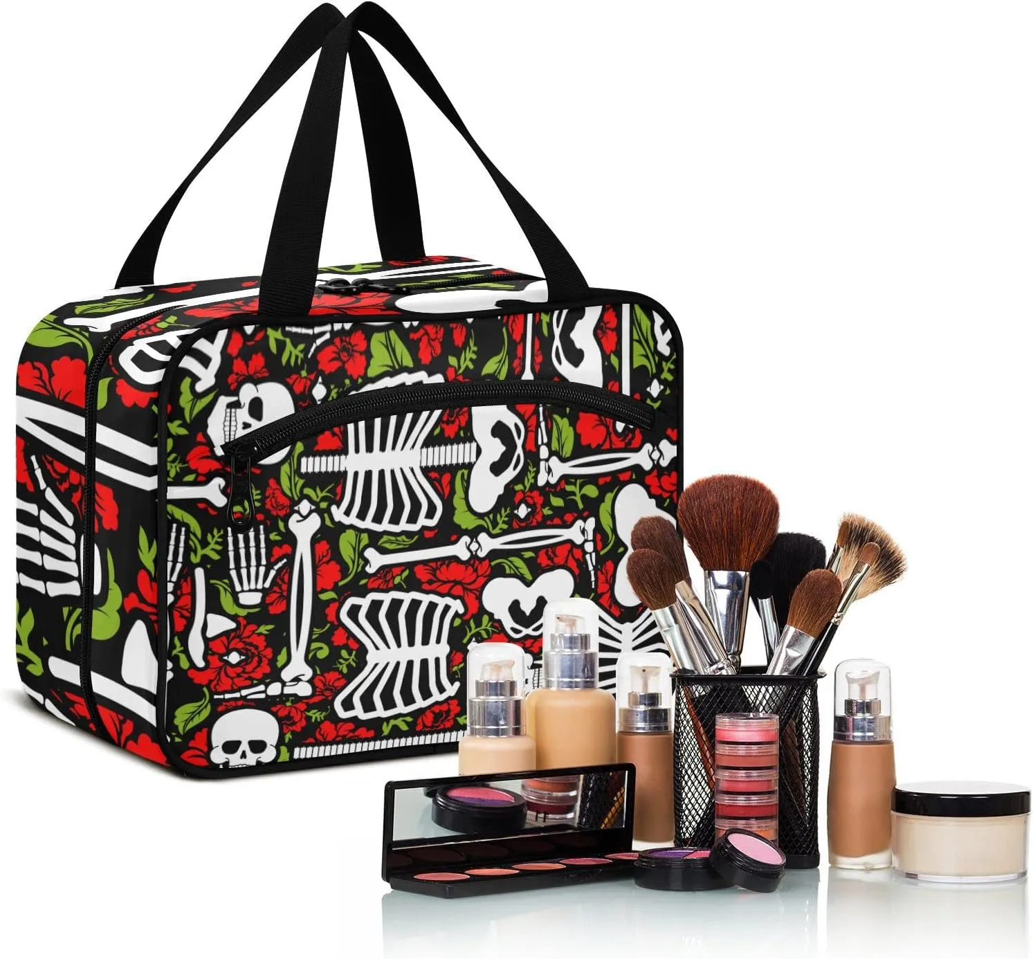 ALAZA Skeleton Skull and Roses Toiletry Bag Travel Hanging Cosmetic Bag Portable Makeup Organizer for Women Men College Dorm Home Bathroom Business Trip