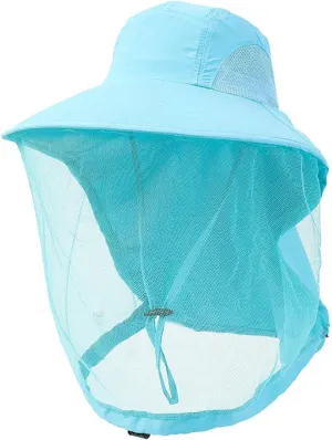 All-Season UPF 50  Unisex Outdoor Fishing Hat with Wide Brim and Hidden Neck Flap - Breathable Mosquito Net, Adjustable for Comfort, Ideal for Hiking, Climbing, and Gardening Azure