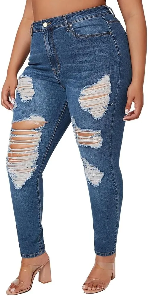ALLABREVE Womens Plus Size Skinny Jeans Stretchy High Waisted Ankle Jean Ripped Slim Fit Washed Denim Distressed Tight Jean