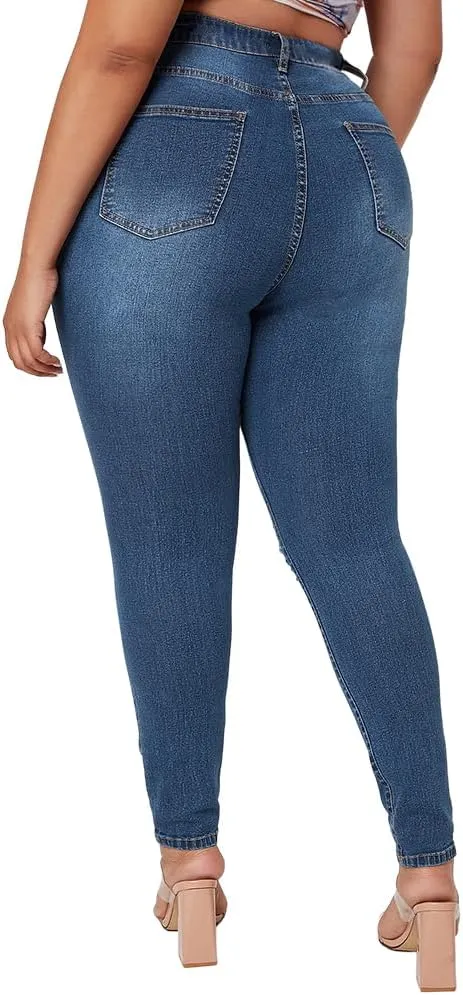 ALLABREVE Womens Plus Size Skinny Jeans Stretchy High Waisted Ankle Jean Ripped Slim Fit Washed Denim Distressed Tight Jean