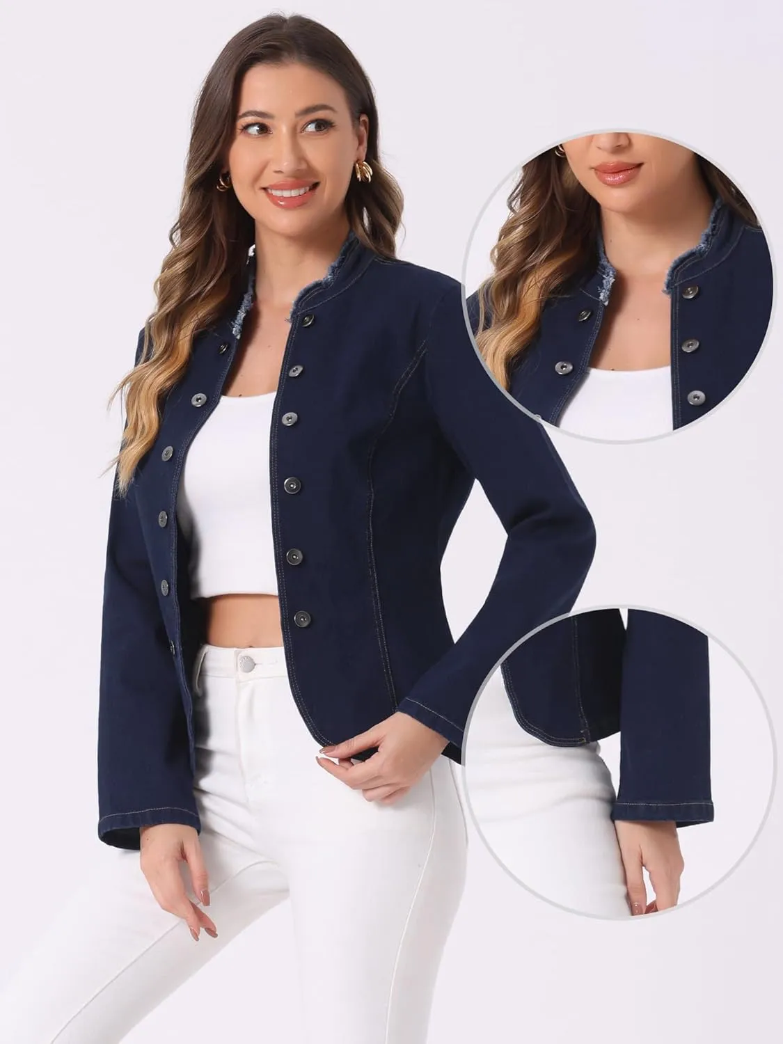 Allegra K Denim Blazer Jacket for Women's Open Front Stand Collar Jeans Suit