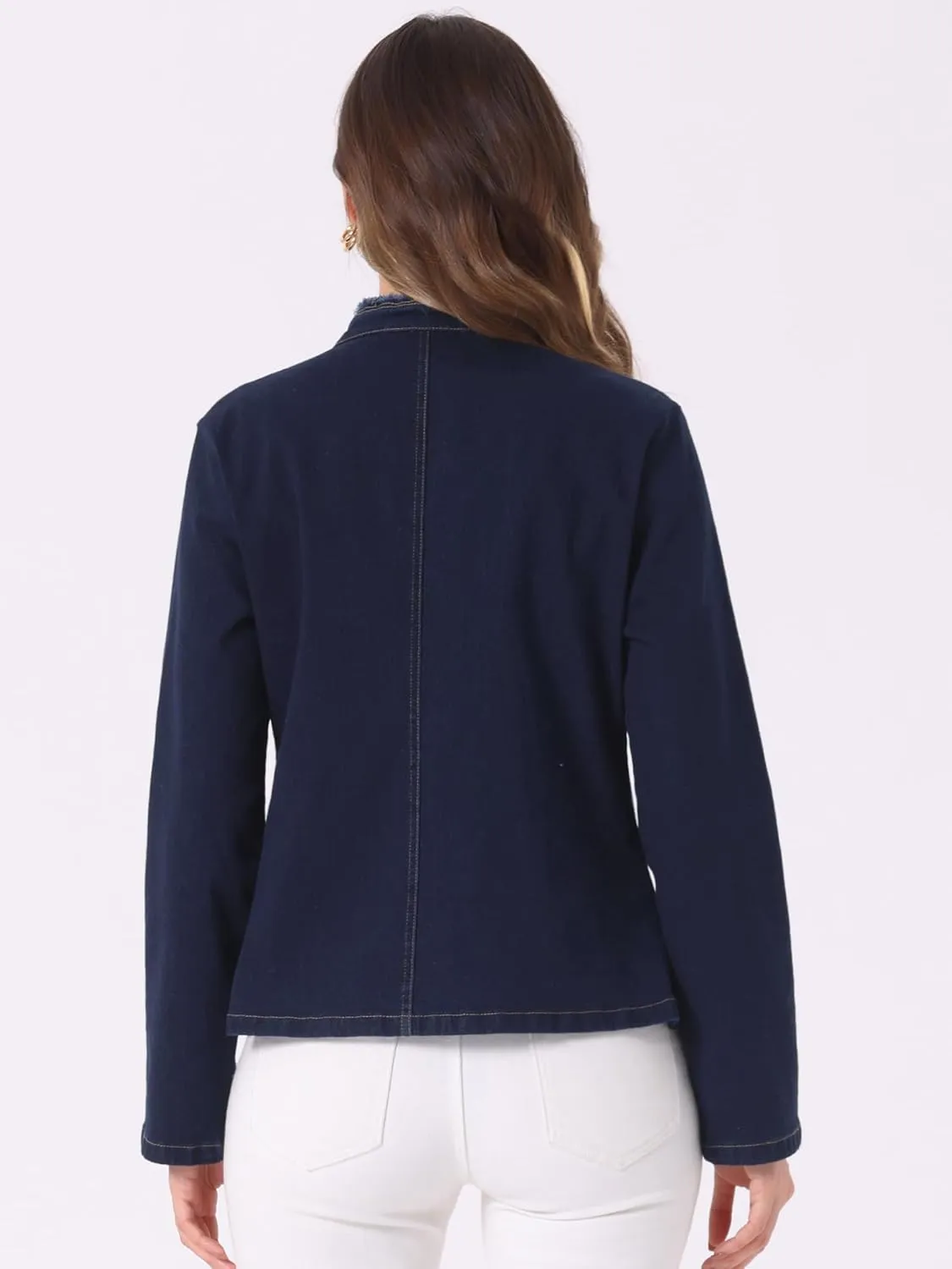 Allegra K Denim Blazer Jacket for Women's Open Front Stand Collar Jeans Suit