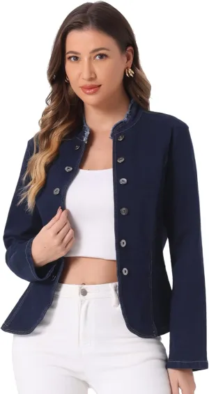 Allegra K Denim Blazer Jacket for Women's Open Front Stand Collar Jeans Suit