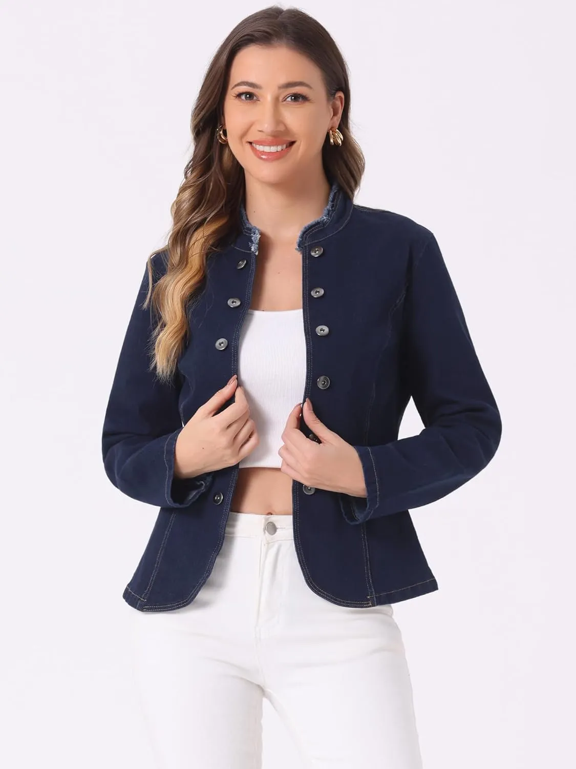 Allegra K Denim Blazer Jacket for Women's Open Front Stand Collar Jeans Suit