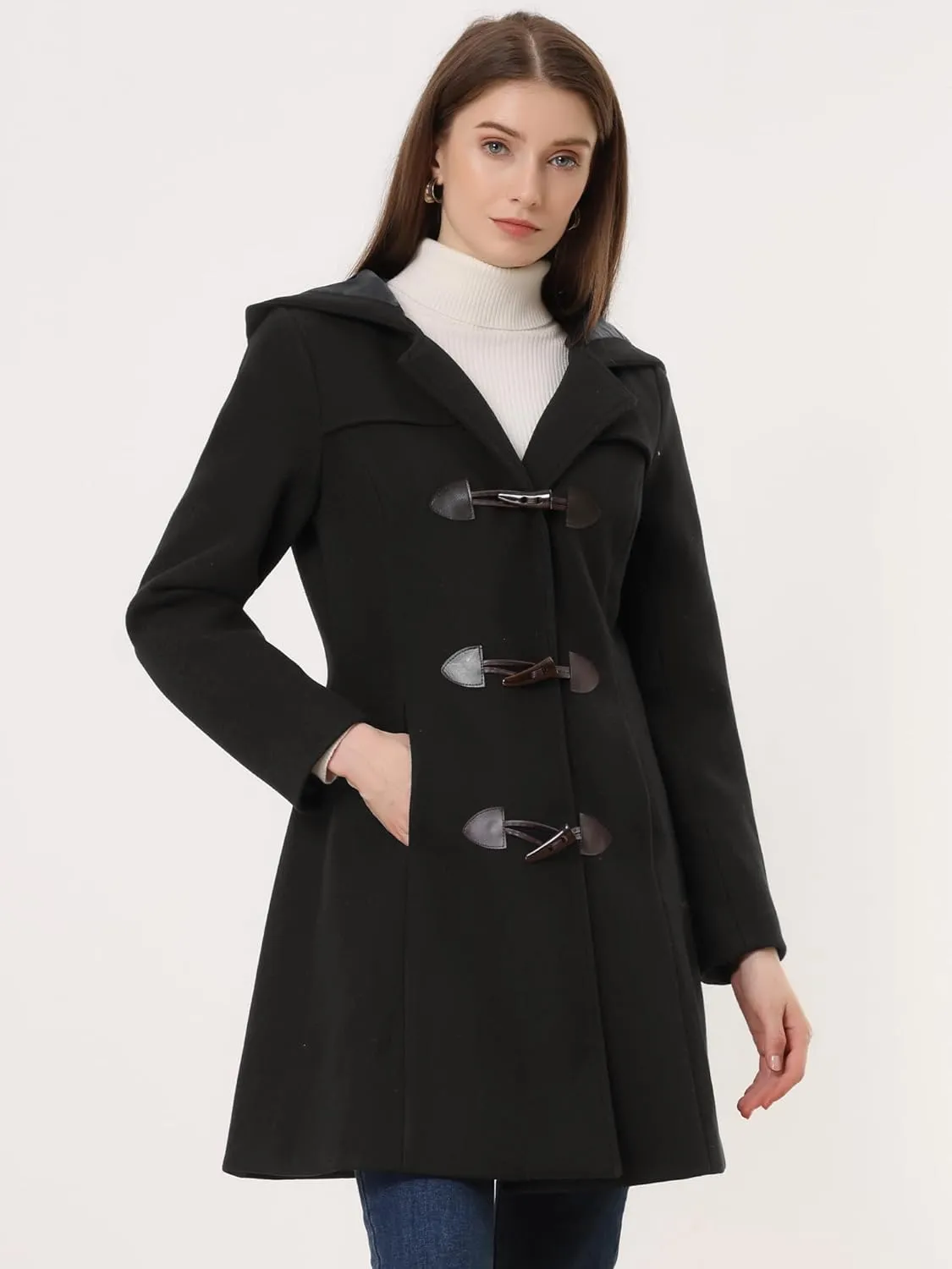 Allegra K Women's Winter Overcoat Mid-thigh Hooded Toggle Duffle Long Coat