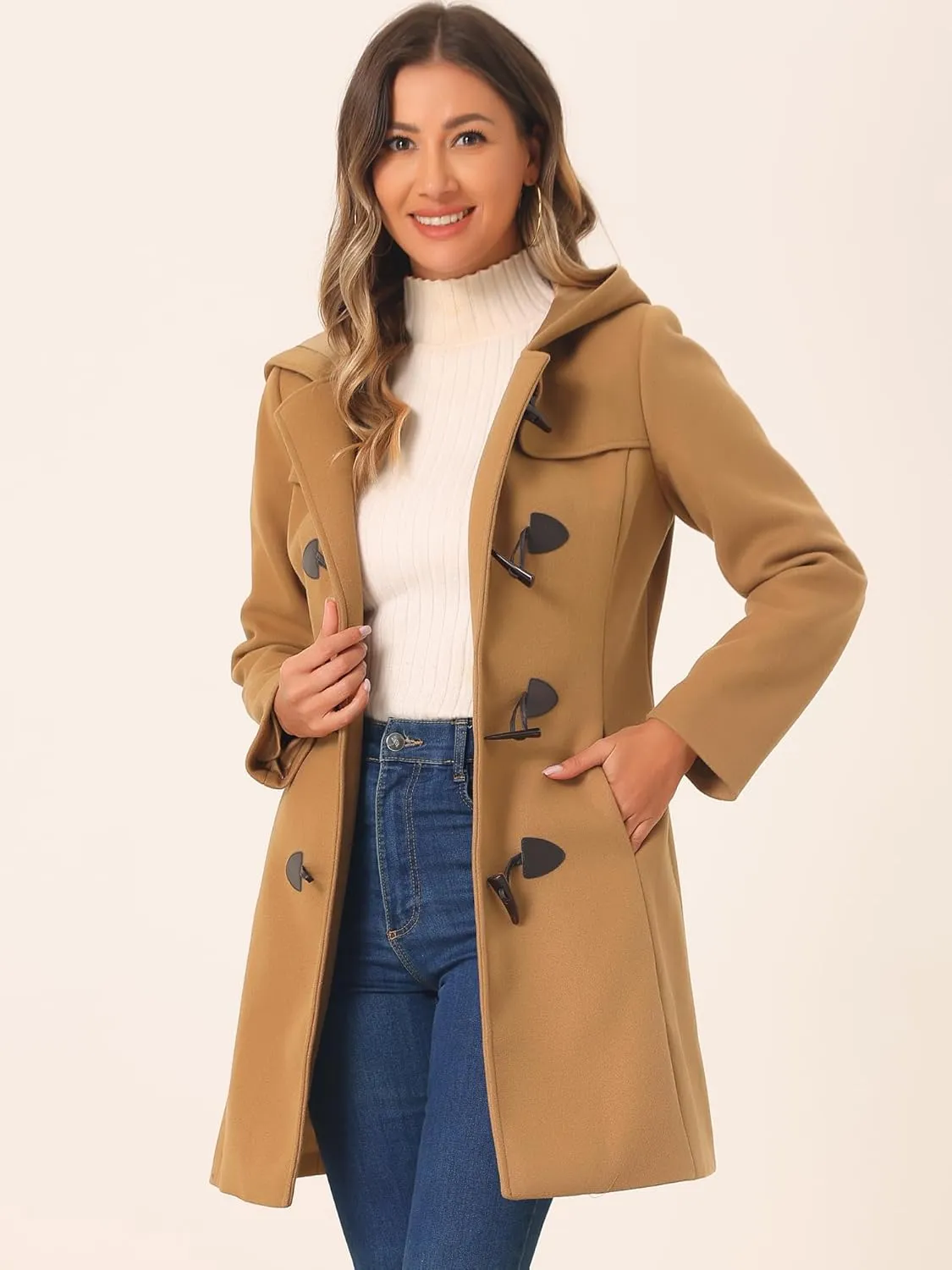 Allegra K Women's Winter Overcoat Mid-thigh Hooded Toggle Duffle Long Coat