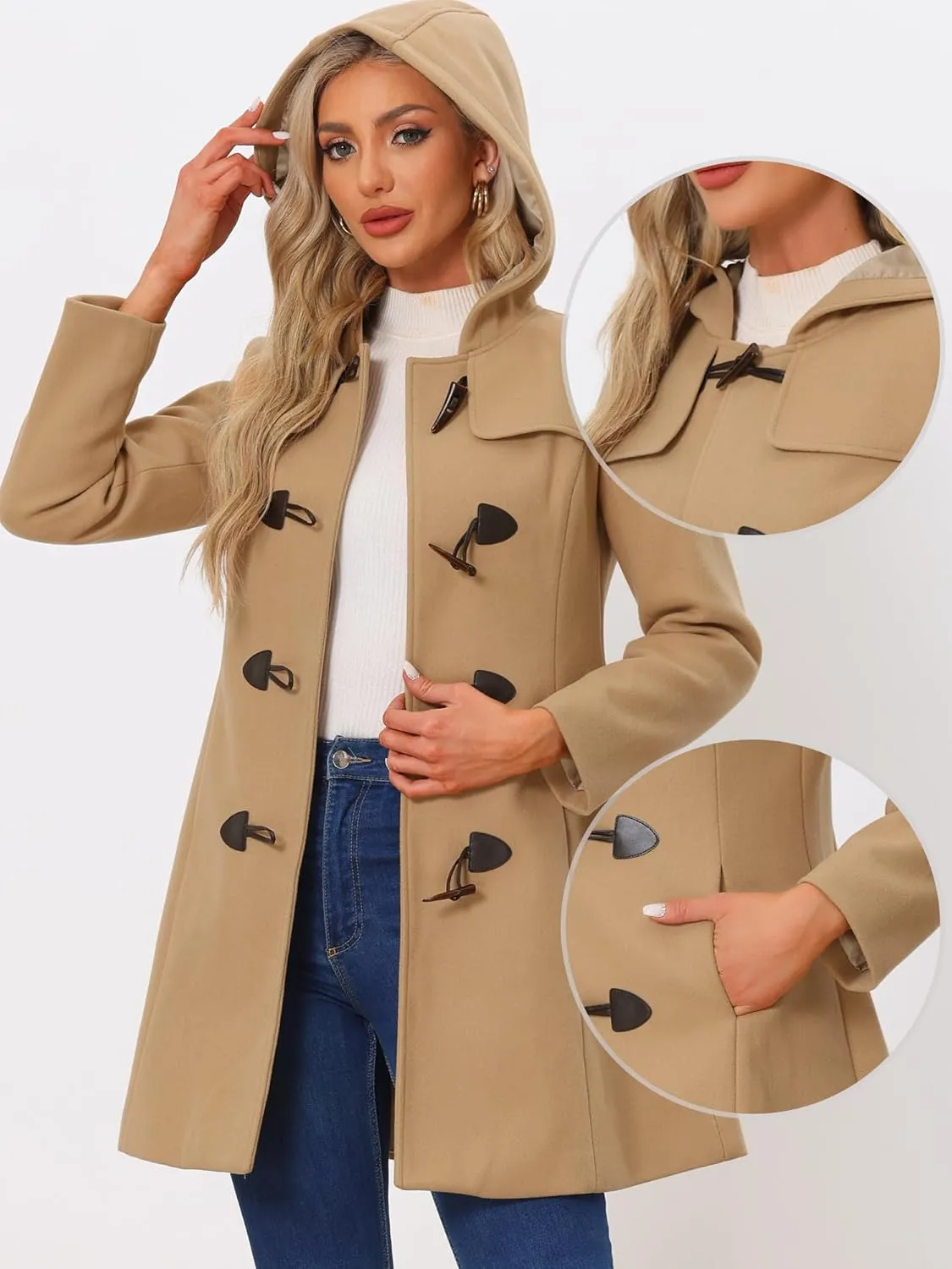 Allegra K Women's Winter Overcoat Mid-thigh Hooded Toggle Duffle Long Coat