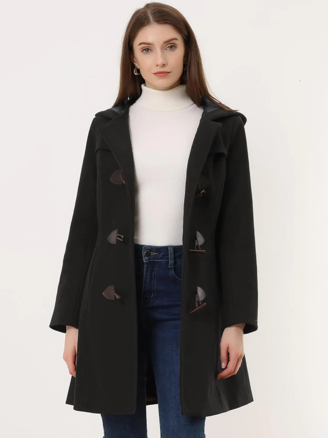 Allegra K Women's Winter Overcoat Mid-thigh Hooded Toggle Duffle Long Coat