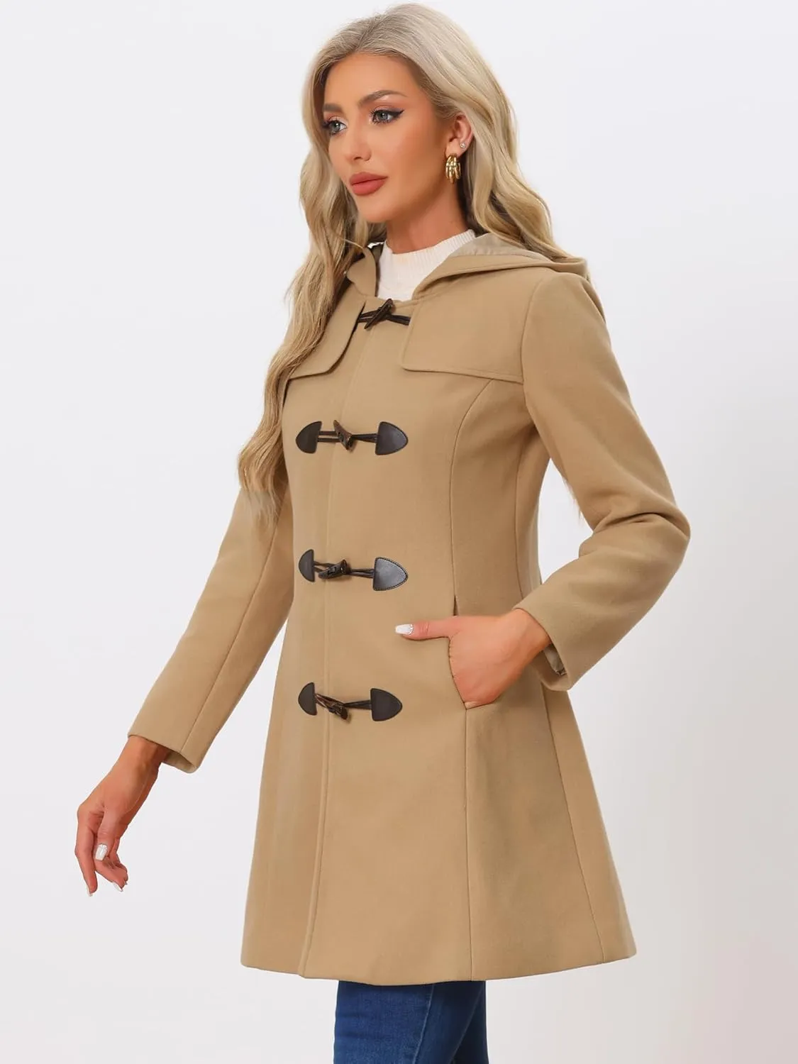 Allegra K Women's Winter Overcoat Mid-thigh Hooded Toggle Duffle Long Coat