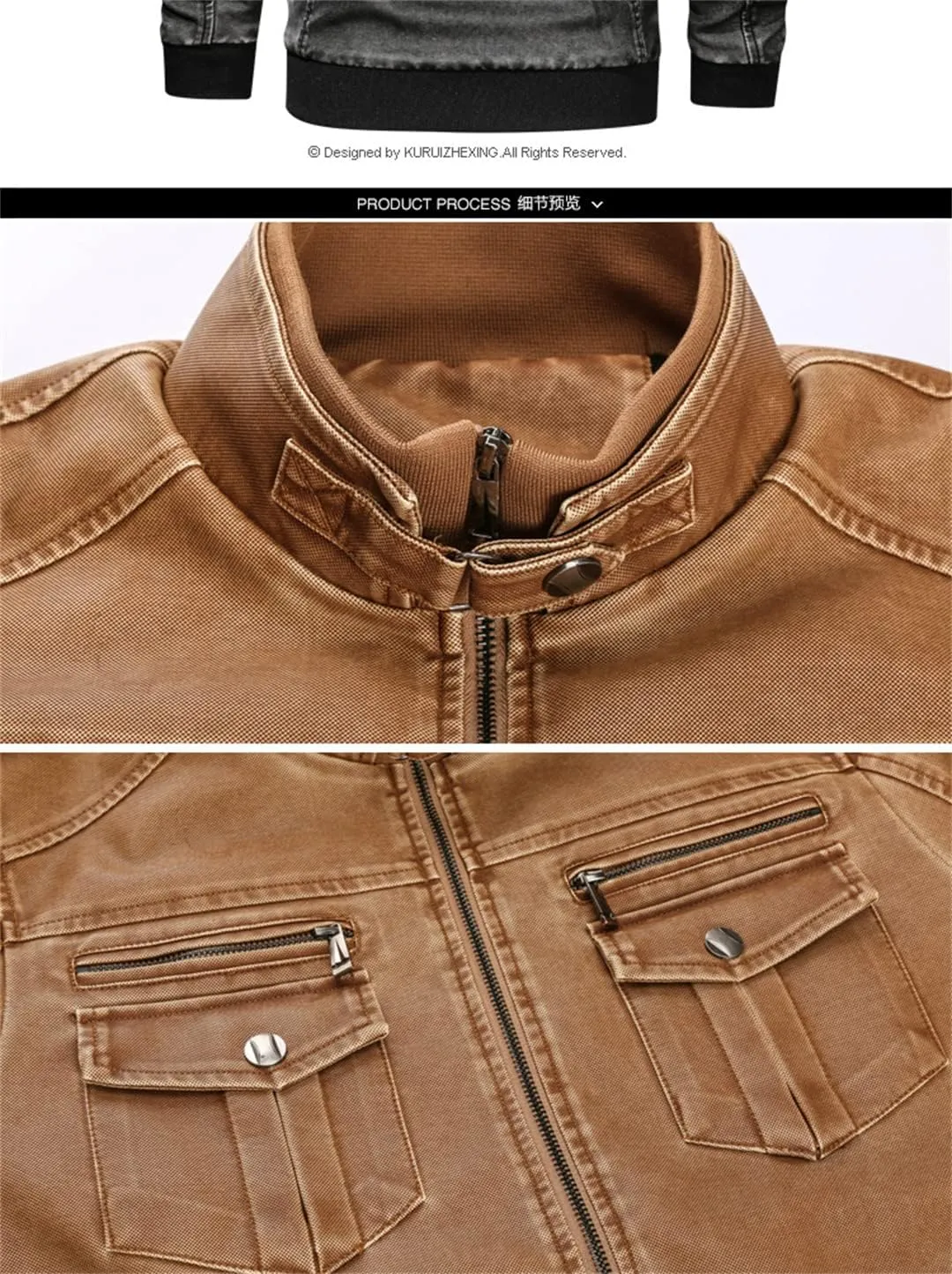 Alloaone Men Long Sleeve Motorcycle Leather Jacket Stand Collar Pu Aviator Jackets Coat