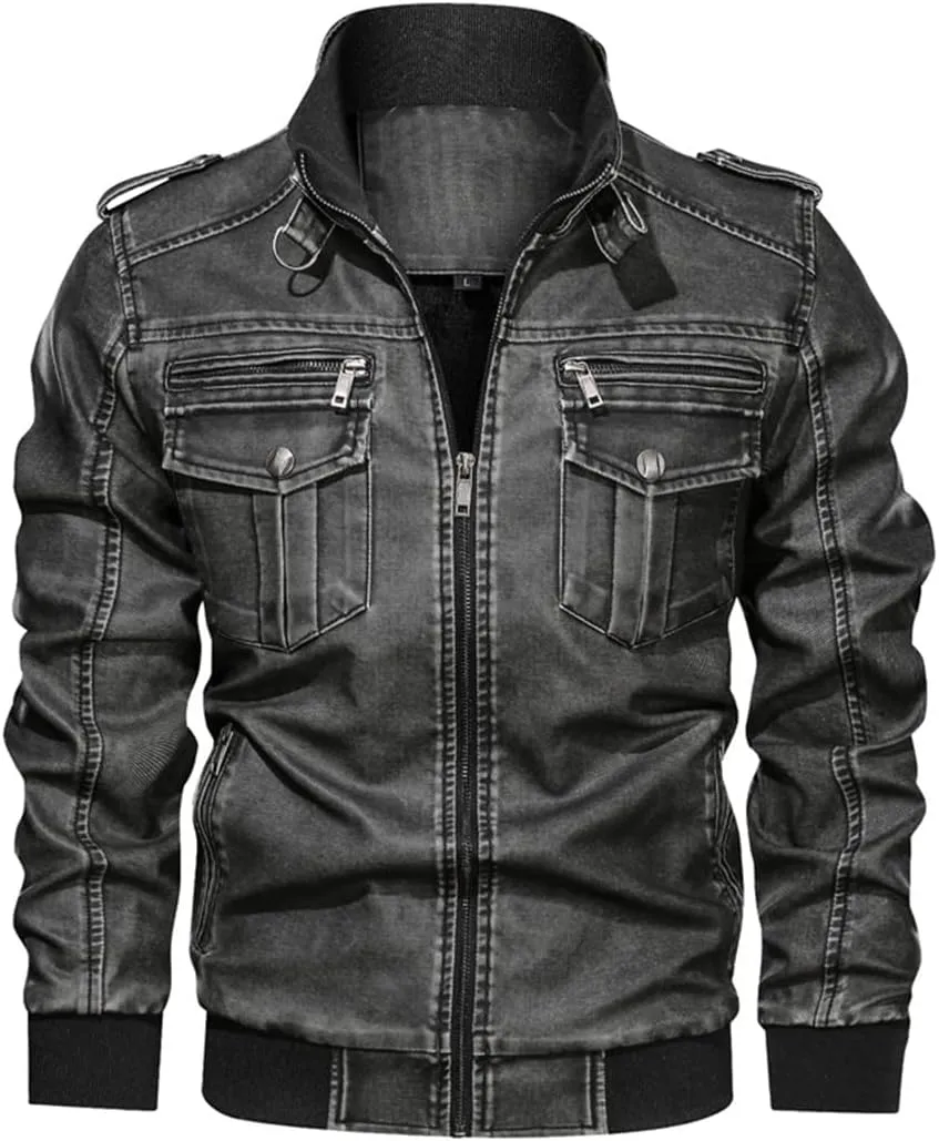 Alloaone Men Long Sleeve Motorcycle Leather Jacket Stand Collar Pu Aviator Jackets Coat