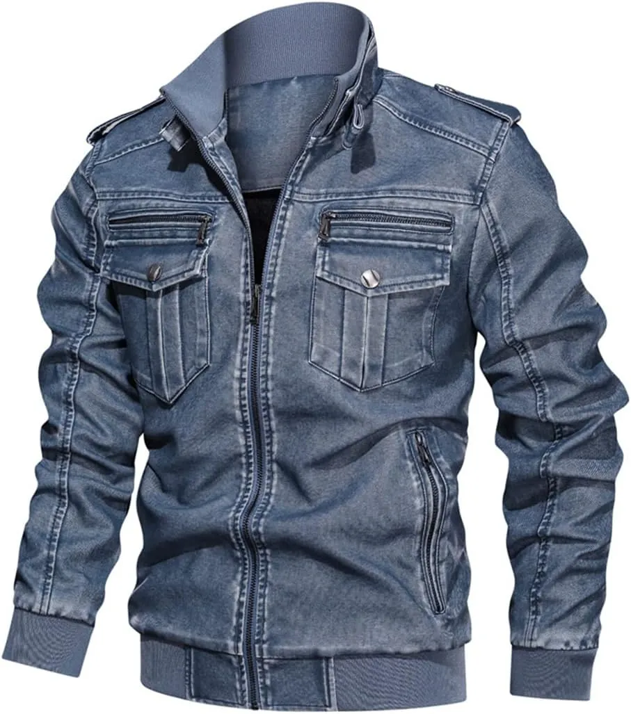 Alloaone Men Long Sleeve Motorcycle Leather Jacket Stand Collar Pu Aviator Jackets Coat