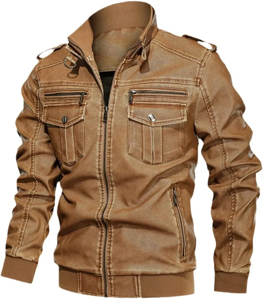 Alloaone Men Long Sleeve Motorcycle Leather Jacket Stand Collar Pu Aviator Jackets Coat