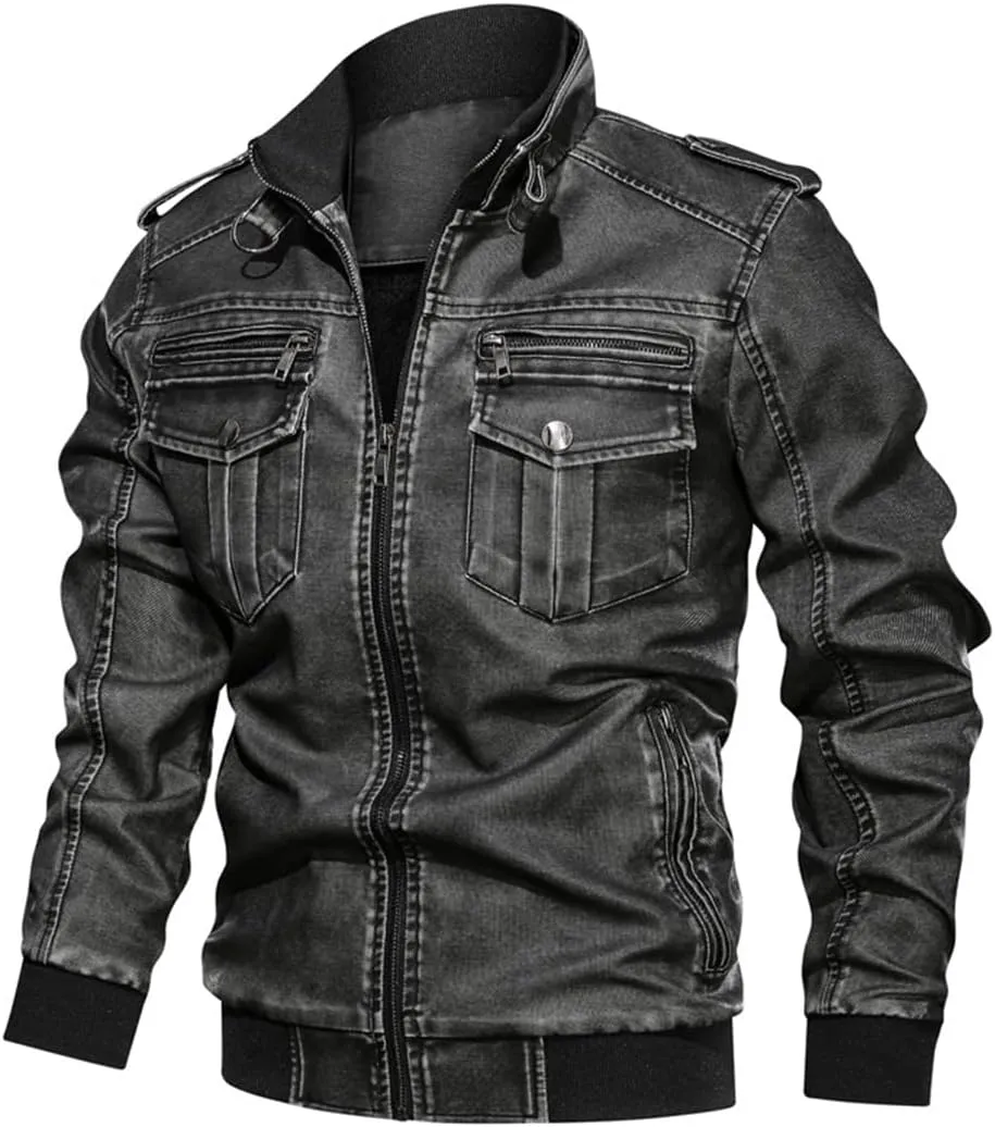 Alloaone Men Long Sleeve Motorcycle Leather Jacket Stand Collar Pu Aviator Jackets Coat