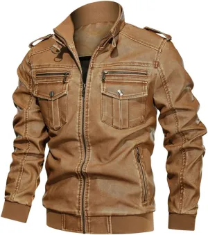 Alloaone Men Long Sleeve Motorcycle Leather Jacket Stand Collar Pu Aviator Jackets Coat
