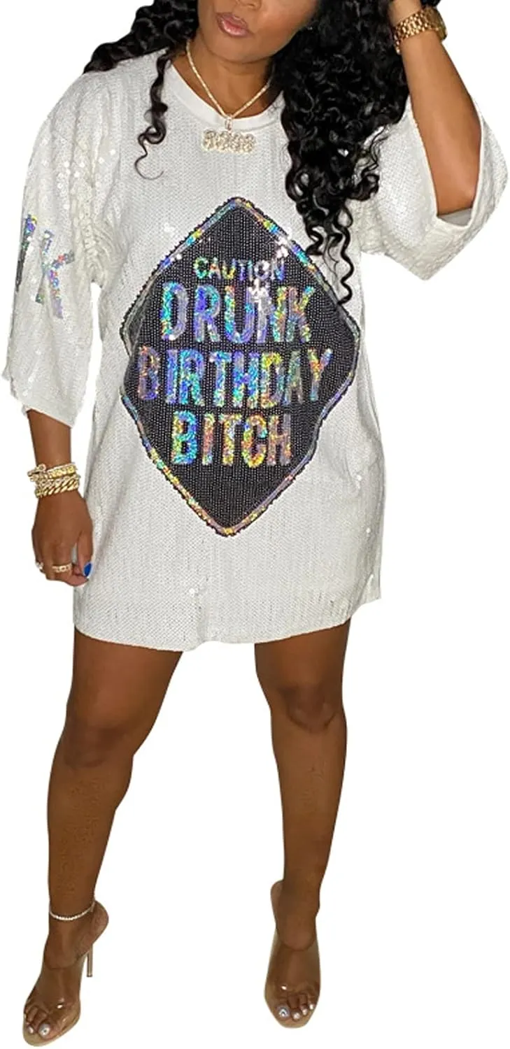 ALLUMK Women Sexy Glitter Sequin Shirts Dress Letter Graphic Print Half Sleeve Party Club Short Dress