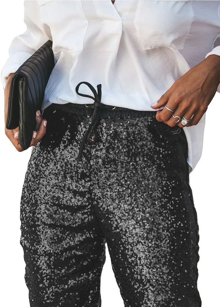 ALLUMK Womens Black Sequin Bling Legging Joggers Pencil Pants with Drawstring