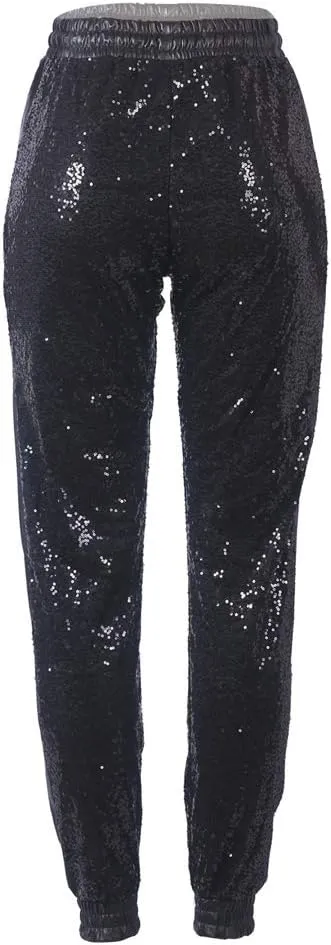 ALLUMK Womens Black Sequin Bling Legging Joggers Pencil Pants with Drawstring
