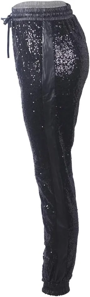 ALLUMK Womens Black Sequin Bling Legging Joggers Pencil Pants with Drawstring