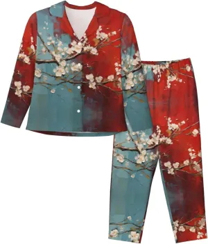 almond blossom Medium Long-sleeved women's pajamas and home wear sets (Sizes S-XXL) Black