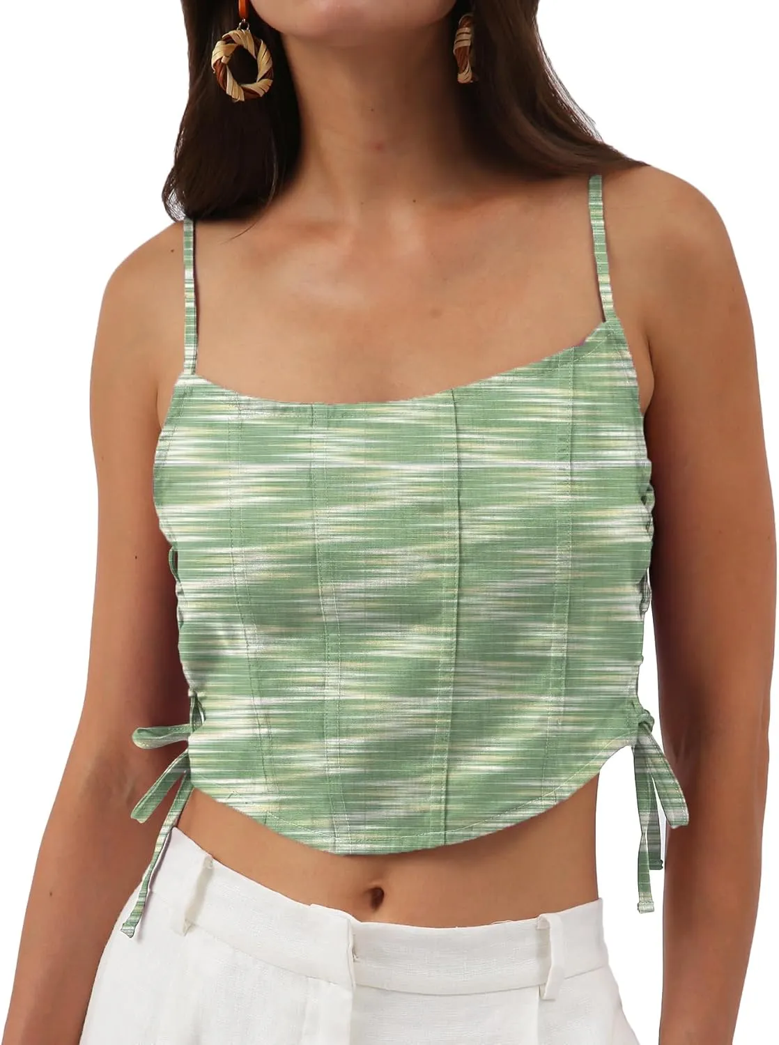 Amazhiyu Womens Pure Linen Crop Corset Top Summer Casual Floral Lace Up Bustier