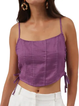 Amazhiyu Womens Pure Linen Crop Corset Top Summer Casual Floral Lace Up Bustier