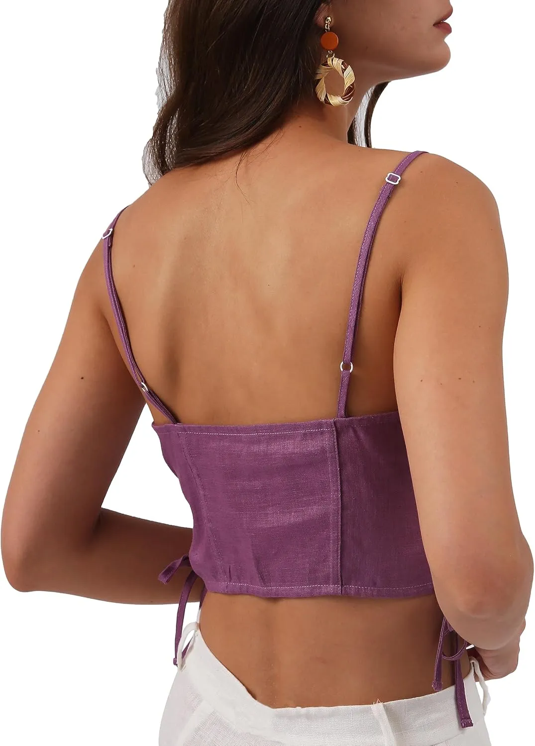 Amazhiyu Womens Pure Linen Crop Corset Top Summer Casual Floral Lace Up Bustier