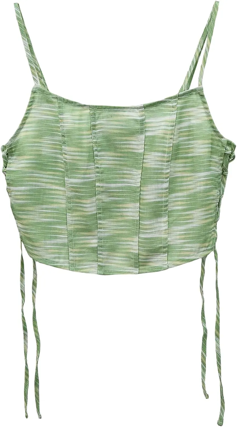 Amazhiyu Womens Pure Linen Crop Corset Top Summer Casual Floral Lace Up Bustier